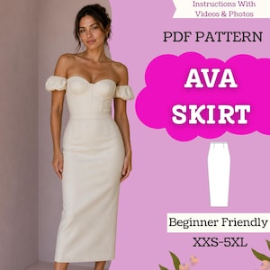 May include: A woman wearing a cream-colored, off-the-shoulder dress with a fitted bodice and a pencil skirt. The image includes text that reads "AVA SKIRT" and "Beginner Friendly" with sizing from XXS-5XL. The dress has short, puffed sleeves.