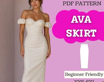 Puede incluir: Un patrón en PDF para la falda Ava, que incluye instrucciones con vídeos y fotos. El texto incluye "PDF PATTERN", "AVA SKIRT", "Beginner Friendly" y "XXS-5XL". Se muestra un dibujo lineal blanco de una falda lápiz.
