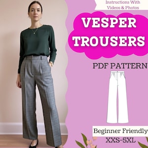 Puede incluir: Una mujer con pantalones de cuadros grises y una blusa de manga larga verde oscuro. La imagen incluye el texto "VESPER TROUSERS PDF PATTERN" y "Beginner Friendly XXS-5XL".