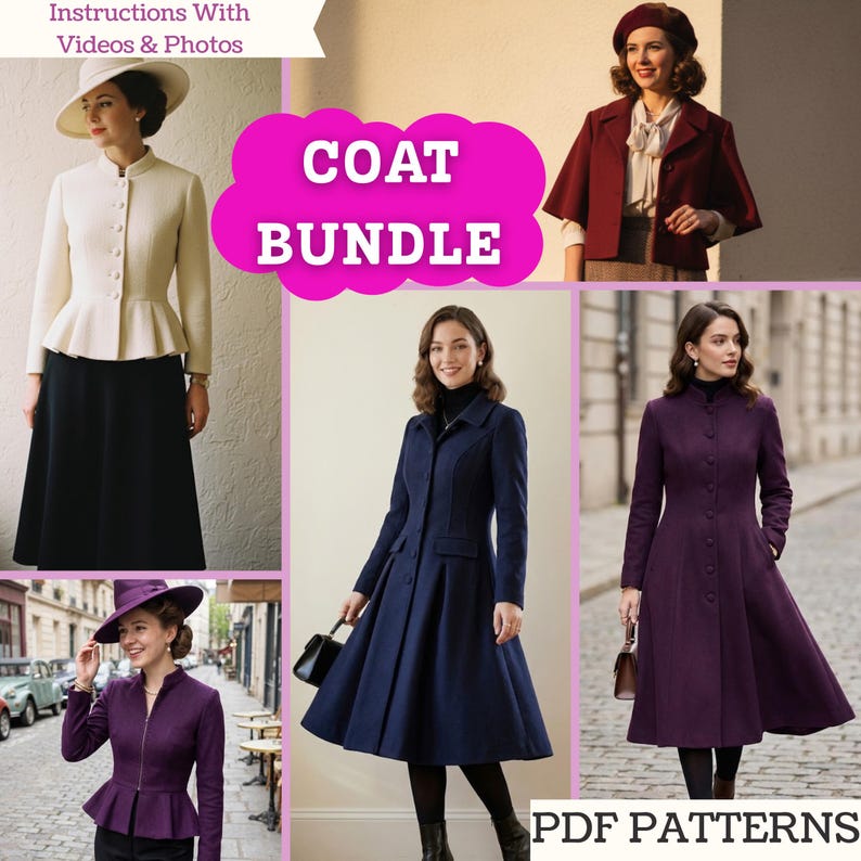 May include: A collection of women's coat designs in various colors and styles. The image features a cream-colored jacket with a peplum, a burgundy cape coat, a navy blue coat, and a purple coat. The text "COAT BUNDLE" is displayed in a pink cloud shape.