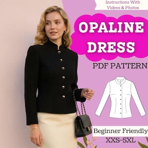 Può includere: Una donna indossa una giacca nera con bottoni dorati e una gonna color crema. L'immagine include il testo "OPALINE DRESS PDF PATTERN" e "Beginner Friendly XXS-5XL". È presente anche un disegno a tratto di un vestito bianco.