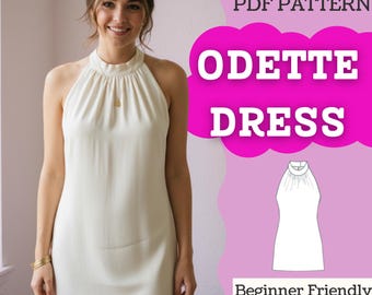 Może przedstawiać: Wzór PDF sukienki Odette, zawierający instrukcje z filmami i zdjęciami. Projekt to bezrękawnik w kolorze złamanej bieli z wysokim, marszczonym dekoltem typu halter. Wzór jest dostępny w rozmiarach XXS-5XL i jest przyjazny dla początkujących.