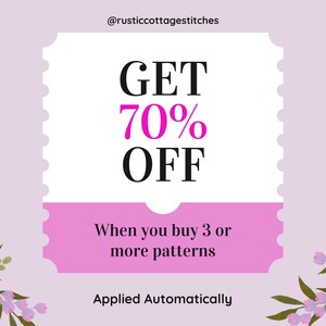 May include: A promotional graphic with a light purple background and a white ticket-shaped element. The text "GET 70% OFF" is displayed in black and pink. Additional text reads "When you buy 3 or more patterns" and "Applied Automatically".
