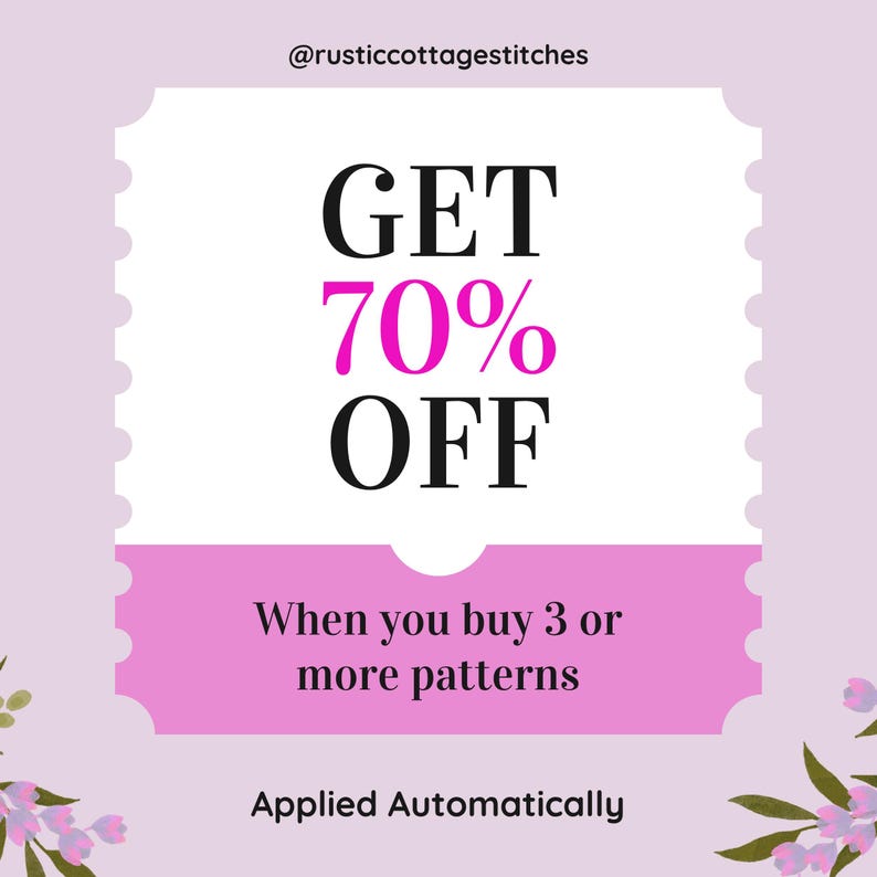 May include: A promotional graphic with a light purple background and a white ticket-shaped element. The text "GET 70% OFF" is displayed in black and pink. Additional text reads "When you buy 3 or more patterns" and "Applied Automatically".