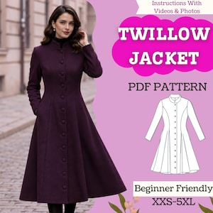 Princess Seam Coat Sewing Pattern: Women’s Flared Mandarin Collar Button-Front Jacket (PDF Download, XXS-5XL)