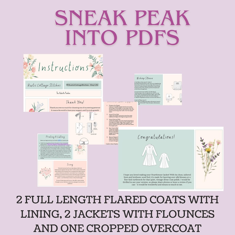 May include: A sneak peek into PDFs, featuring instructions and illustrations for sewing projects. The image includes text that reads "Rustic Cottage Stitches" and "2 full length flared coats with lining, 2 jackets with flounces and one cropped overcoat."