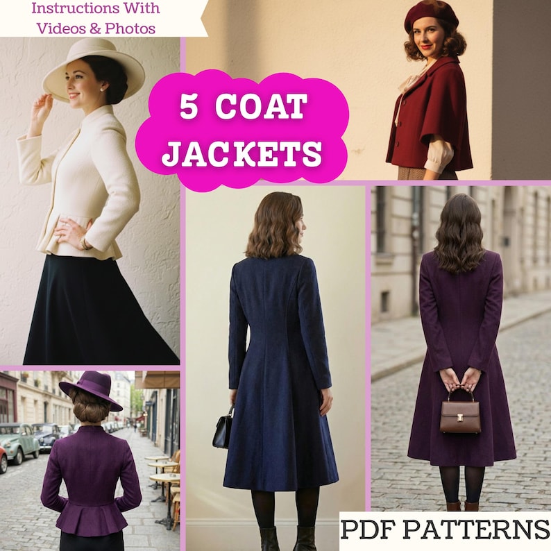 May include: Image featuring five coat jackets in various styles and colors. The image includes a white jacket, a burgundy cape-style jacket, a navy blue coat, and a purple coat. Text reads "5 Coat Jackets" and "PDF Patterns".