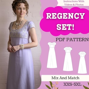 Può includere: Una donna in un abito lavanda in stile Regency con corpetto ricamato. L'immagine include il testo "REGENCY SET! PDF PATTERN" e illustrazioni di abiti. Il modello è disponibile nelle taglie XXS-5XL.