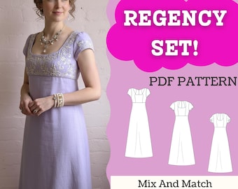 Regency Dress Sewing Pattern Set – Mix & Match Empire-Waist Gown PDF (A0/A4/Letter, XXS–5XL, Beginner-Friendly)