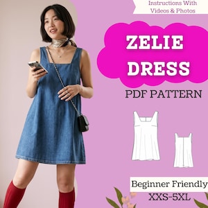 以下が含まれることがあります： スクエアネックの青いデニムのノースリーブワンピース。テキストには「ZELIE DRESS PDF PATTERN」、「Instructions With Videos & Photos」、「Beginner Friendly」、「XXS-5XL」と記載されています。薄紫色の背景にワンピースの前後を描いた線画が含まれています。