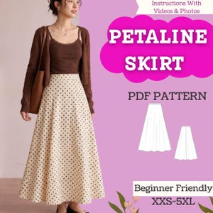 Op de afbeelding: Een digitaal PDF-naaipatroon voor een Petaline-rok, met een beige rok met zwarte stippen, een bruine hemdje en een bruin vest. De afbeelding bevat de tekst: Instructions With Videos & Photos, Petaline Skirt, PDF Pattern, Beginner Friendly, XXS-5XL.