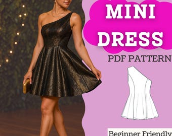 Off-Shoulder (One-Shoulder) Flared Mini Dress Sewing Pattern – PDF (A0/A4/US-Letter, XXS–5XL)