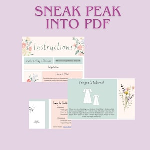 May include: A preview of a PDF document with instructions and illustrations. The document includes text such as "Instructions", "Thank You!", and "Congratulations!" with floral accents and a dress illustration. The document is from Rustic Cottage Stitches.