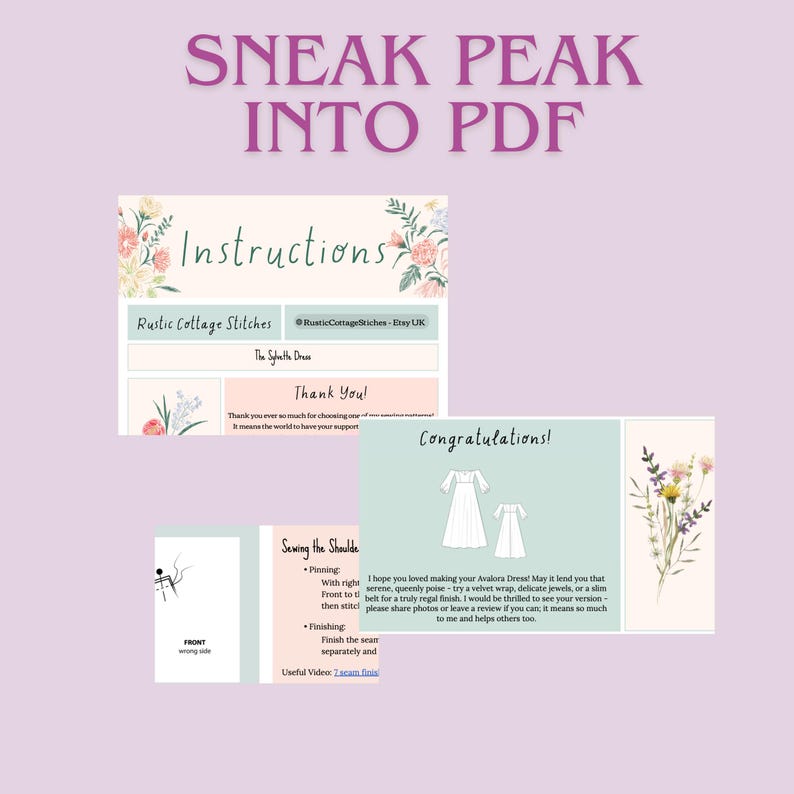 May include: A preview of a PDF document with instructions and illustrations. The document includes text such as "Instructions", "Thank You!", and "Congratulations!" with floral accents and a dress illustration. The document is from Rustic Cottage Stitches.