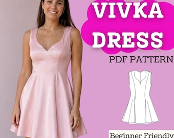 Patrón de costura para minivestido: Vestido de mujer ajustado y con vuelo, sin mangas y escote en V (descarga en PDF, tallas XXS–5XL)