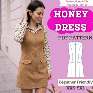May include: A brown suede-effect dress with a full-length zip and two front pockets. The dress is sleeveless and worn over a floral print blouse. The image includes the text "HONEY DRESS PDF PATTERN" and "Beginner Friendly XXS-5XL".