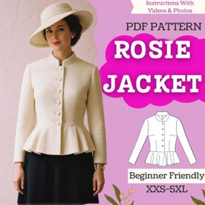 Puede incluir: Un patrón en PDF para la Rosie Jacket, que muestra una chaqueta de color crema de manga larga con cuello mao, cierre de botones y cintura con volante. La imagen incluye un dibujo técnico de la chaqueta, el texto Instructions With Videos & Photos y tallas XXS-5XL.