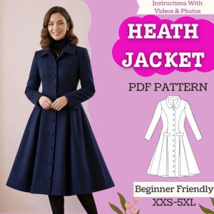 May include: A navy blue long-sleeved jacket with a collared neckline and a button-down front. The text reads HEATH JACKET PDF PATTERN. A white line drawing of the jacket is included, along with the text Instructions With Videos & Photos XXS-5XL.