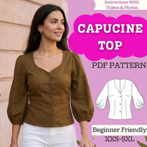 Patrón de costura para blusa con escote en V y mangas obispo – Blusa ajustada con botones delanteros (Descarga en PDF)