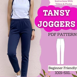 May include: Navy blue joggers with an elastic waistband. The image also features a white and navy top. Text on the image reads "Tansy Joggers PDF Pattern" and "Beginner Friendly XXS-5XL".