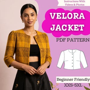Op de afbeelding: Een mosterdgeel en bruin geruit jasje met een ronde halslijn, driekwartmouwen en een knoopsluiting aan de voorzijde. De tekst luidt Velora Jacket PDF Pattern, Instructions With Videos & Photos, Beginner Friendly en XXS-5XL.
