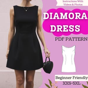 May include: A black dress with a boat neckline and a flared skirt. The image includes the text "DIAMORA DRESS PDF PATTERN" and "Beginner Friendly XXS-5XL". A heart-shaped purse is held in the hand.