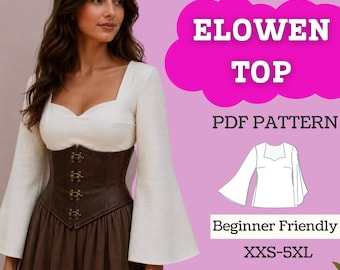 Blusa Renascentista Sweetheart com Mangas Sino, Estilo Cottagecore (Molde em PDF) Tamanhos XXS-5XL