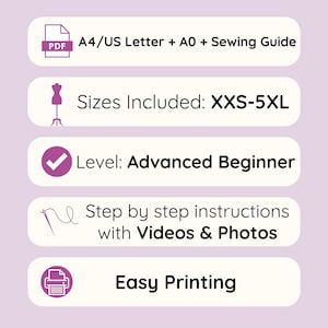 May include: A digital sewing pattern information graphic with five purple icons and text. It lists A4/US Letter + A0 + Sewing Guide, sizes XXS-5XL, Advanced Beginner level, step by step instructions with videos and photos, and easy printing.