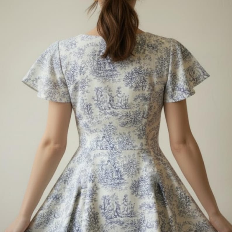 May include: A white and blue toile print dress with a flared skirt and flutter sleeves. The dress features a classic toile pattern with scenes of figures and landscapes. The dress is made of a lightweight fabric.