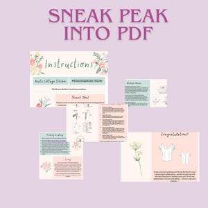 May include: A digital PDF sewing pattern titled SNEAK PEAK INTO PDF, featuring instructional pages for The Rowen Bodice. The document includes sections on printing, cutting, sewing, and bishop sleeve construction, decorated with floral illustrations.