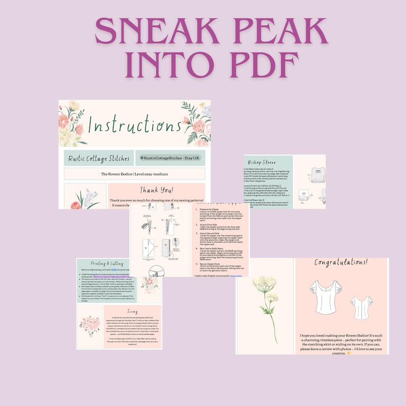 May include: A digital PDF sewing pattern titled SNEAK PEAK INTO PDF, featuring instructional pages for The Rowen Bodice. The document includes sections on printing, cutting, sewing, and bishop sleeve construction, decorated with floral illustrations.