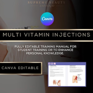 May include: A digital training manual for multi-vitamin injections featuring the text SUPREME BEAUTY & Aesthetics by RD, MULTI VITAMIN INJECTIONS, FULLY EDITABLE TRAINING MANUAL, and CANVA EDITABLE. The document includes diagrams of injection sites.