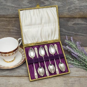 Art Nouveau silver plate teaspoon set in original box, circa 1900&#39;s.