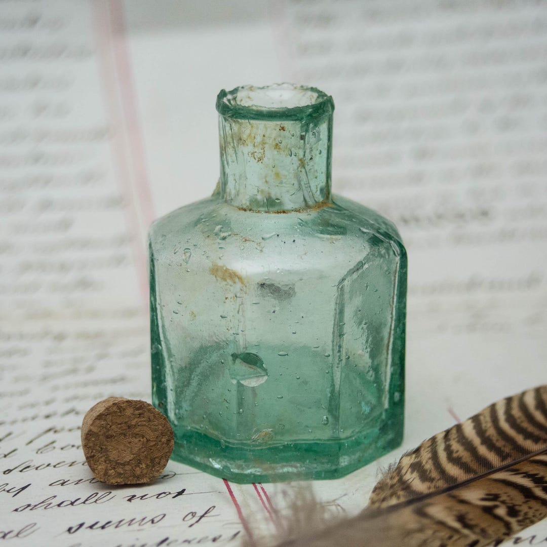 Antique Glass Inkwell, Circa 1880, Octagonal Victorian Aqua Tinted ...