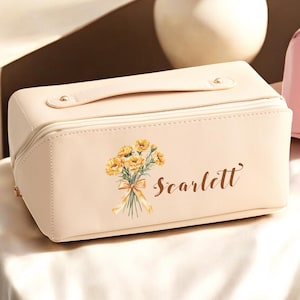 Custom Birth Flower Bouquet Makeup Bag, Bridesmaids Gifts, Birthday Gifts, Personalized Leather Toiletry Bag, Bridal Party Gifts
