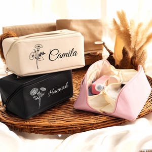 Personalized Birth Flower Vegan Leather Makeup Bag