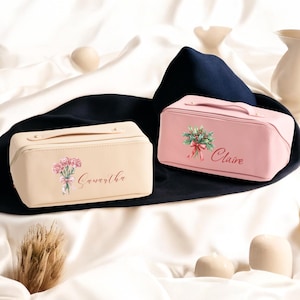 Personalized Birth Flower Bouquet Makeup Bag, Bridesmaids Gifts, Birthday Gifts, Custom Leather Toiletry Bag, Bridal Party Gifts