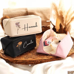 Personalized Birth Month Flower Vegan Leather Makeup Bag