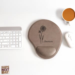 Personalized Birth Month Flower Vegan Leather Mousepad with Wrist Rest