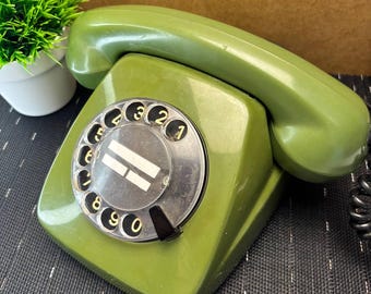 Rotary telephone, Green corded telephone, USSR, Siemens, Vintage, Germany, Vintage green desk phone, Retro phone GDR, for collection, not tested