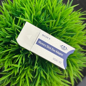 Op de afbeelding: Zilveren Sony Memory Stick Duo Adapter met blauwe tekst op een witte achtergrond. De adapter is rechthoekig met afgeronde randen en staat tegen een achtergrond van groen gebladerte.