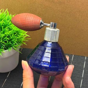 May include: A vintage perfume bottle with a dark blue, geometric-patterned glass body. It features a silver-colored metal collar and a reddish-brown bulb atomizer. The bottle is held in a hand, with a small green plant in a white pot in the background.