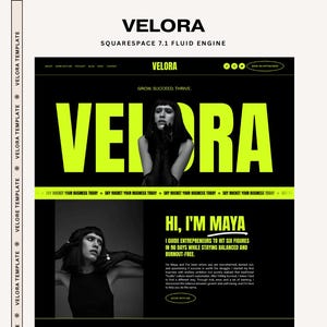 May include: A website design with a black and neon green colour scheme. The website features the name "VELORA" in large neon green letters, along with images and text promoting business programs. The text includes "HI, I'M MAYA" and "90-DAY BUSINESS BREAKTHROUGH."