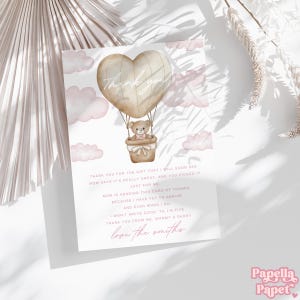 Modelo de agradecimento para chá de bebê de menina com balão de ar quente | Cartão 5x7 | Modelo Canva | Modelo editável | | Download instantâneo