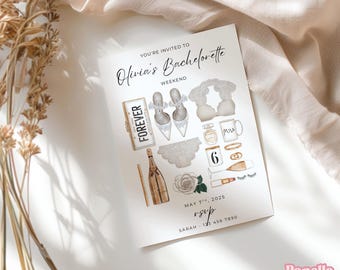 Watercolor Bachelorette Invitation Template: Editable Weekend Itinerary (Canva, 5x7) (Digital File)