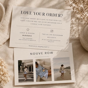 Op de afbeelding: Een rechthoekige crèmekleurige kaart met zwarte tekst die LOVE YOUR ORDER? leest, met instructies om een beoordeling achter te laten en te taggen op Instagram. Daaronder toont een tweede kaart de tekst NOUVE ROW en drie foto's van een persoon.