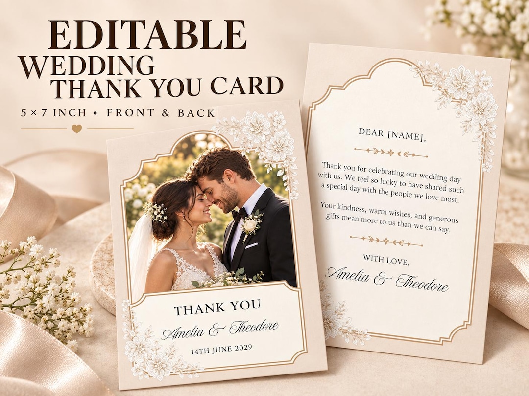 Editable Wedding Thank You Card With Photo, Double-sided 5x7 Canva ...