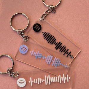 Puede incluir: Llaveros de acrílico transparente con diseños de forma de onda musical de Spotify. Cada llavero presenta un llavero plateado y un patrón de forma de onda único en negro, azul o blanco. Los llaveros se muestran sobre una superficie rosa.