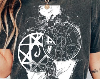 ユニセックス、鋼の錬金術師アニメシャツ、兄弟、エドワードとアルフォンス・エルリックのアニメTシャツ、錬金術師兄弟団、錬金術の門、FMAレトロマンガTシャツ