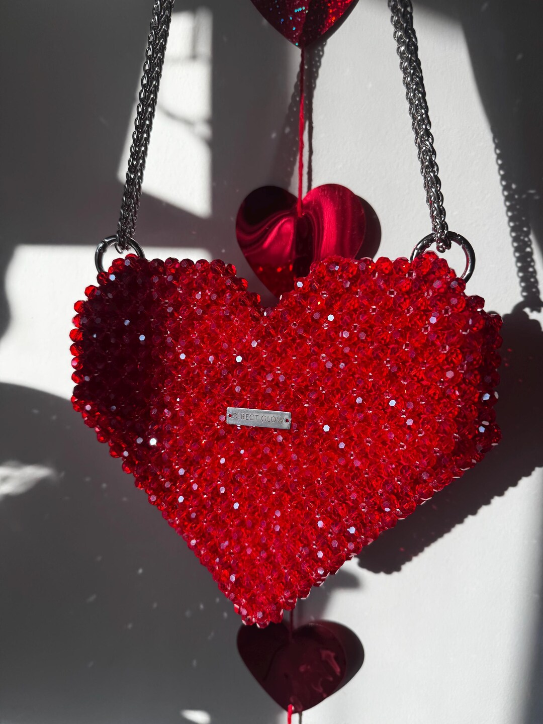 Handmade Beaded Bag – Red Crystal Heart Purse – Sparkling